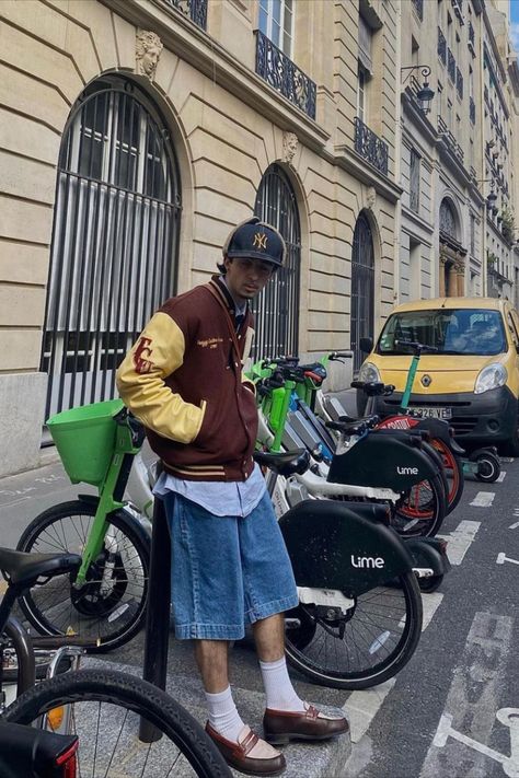 vintage letterman varsity jacket, jorts, loafers Tyler The Creator Varsity Jacket, Letterman Jacket Street Style, Vintage Letterman Jacket Outfit, Loafers With Jorts, Jorts Loafers, Aesthetic Summer Shoes, Outfits Jorts, Summer Shoes 2023, Ash Aesthetic