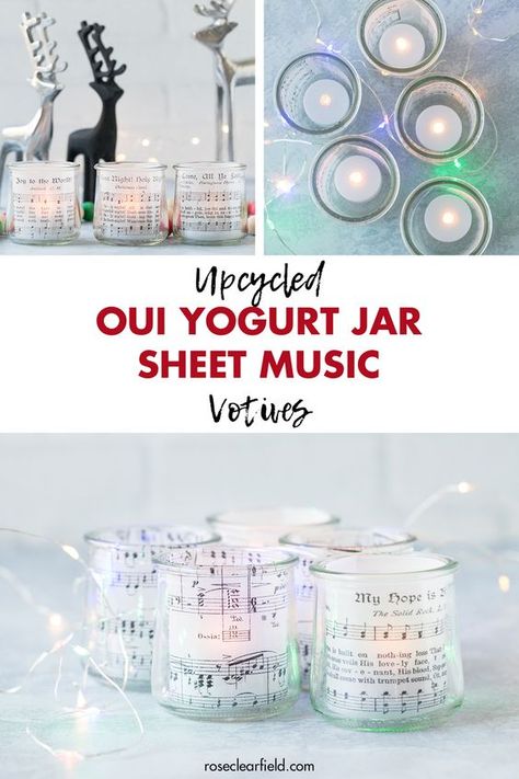 Upcycle Oui yogurt jars into beautiful sheet music votives! Perfect for party centerpieces, holiday decor, gifts, and more. #upcycled #DIYproject #sheetmusic Votive Candle Holders Diy, Oui Yogurt, Mason Jar Christmas Decorations, Candle Repurpose, Yogurt Jars, Budget Weddings, Candle Holder Crafts, Crafts With Glass Jars, Hand Painted Wine Bottles