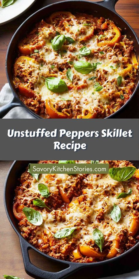 Searching for a flavorful and simple ground beef dish? This Unstuffed Peppers Skillet Recipe combines all your favorite flavors in one skillet, making it a perfect weeknight dinner solution. Save this recipe to your collection for those busy nights when you need a quick meal! Hamburger Meat And Peppers Recipes, Recipes Using Bell Peppers Dinners, Unstuffed Pepper Skillet Ground Beef, Keto Friendly Ground Beef Recipes, Peppers And Hamburger Recipes, Keto Beef Meals, Skillet Stuffed Peppers Ground Beef, Quick Stuffed Peppers, Anti Inflammation Recipes Ground Beef