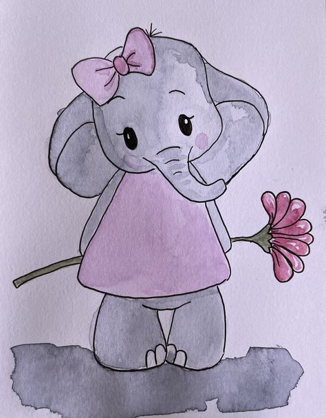 Cute Drawings Elephant, Elephant Painting Simple, Elephant Drawing Cute, Cat Drawing Tutorial, Elephant Drawing, Watercolor Projects, Elephant Painting, Cartoon Painting, Art N Craft