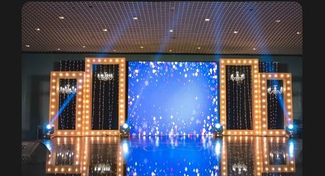 Cosplay Backdrop Ideas, Sangeet Stage Indoor, Sangeet Led Backdrop, Sangeet Stage Decor With Led Screen, Sangeet Stage Design, Led Stage Backdrop, Led Screen Stage Design Backdrops, Led Backdrop Stage Design, Mini Stage Design Ideas