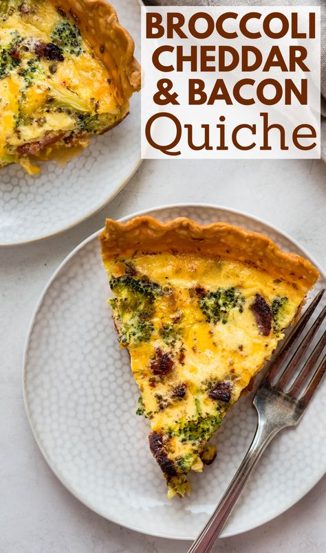 a slice of quiche on a plate. Bacon Veggie Quiche, Broccoli Cheddar Bacon Quiche, Quiche Make Ahead, Make Ahead Quiche, Quiche For Two, Bacon Broccoli Quiche, Broccoli And Cheddar Quiche, Basic Quiche, Basic Quiche Recipe