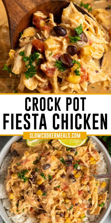 Close up of fiesta chicken on a wooden spoon and over rice. Zesty Ranch, Black Beans Corn, Fiesta Chicken, Easy Crockpot Dinners, Crockpot Dishes, Diced Tomatoes, Tender Chicken, Healthy Crockpot, Crockpot Recipes Slow Cooker