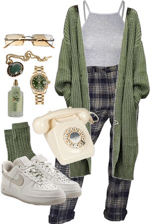 Artsy School Outfit, Green Fall Outfit Aesthetic, Artsy Look Outfits, Moss Aesthetic Outfit, Earthy Grunge Outfits Winter, Retro Green Outfit, Green Aesthetic Vintage Outfit, Green Cute Outfits, Artsy Outfits Aesthetic