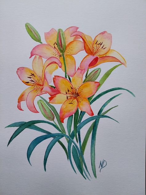 Lilies Watercolor, Orange Lilies, Contemporary Botanical Art, Lilly Flower, Acrylic Painting Flowers, Door Murals, Painting Demo, Watercolor Painting Techniques, Flower Art Painting