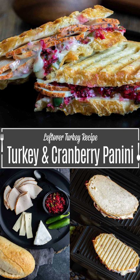 This delicious turkey panini with brie and cranberry is made with crusty bread, thinly sliced turkey, creamy brie cheese, and a sweet and spicy cranberry salsa for the perfect after Thanksgiving sandwich. This turkey panini is a great way to use up leftover turkey after Thanksgiving. Turkey Panini Sandwiches, Turkey Panini Recipes, Bread Turkey, Brie And Cranberry, Bunco Food, Turkey Panini, Thanksgiving Sandwich, Creamy Brie, Easy Slider Recipes