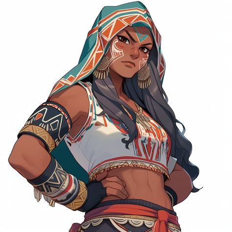 Indian Female Warrior Character Design, South American Character Design, Mediterranean Character Design, Strong Women Character Design, Colombian Character Design, Indigenous Character Art, South American Indigenous People, Female Demigod Character Design, Buff Redhead Woman