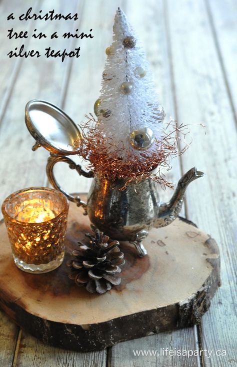 Teapot Decor, Christmas Tea Party, Christmas Vignettes, Vintage Teapot, Silver Teapot, Brush Trees, Brush Tree, Unique Christmas Decorations, Tabletop Christmas Tree