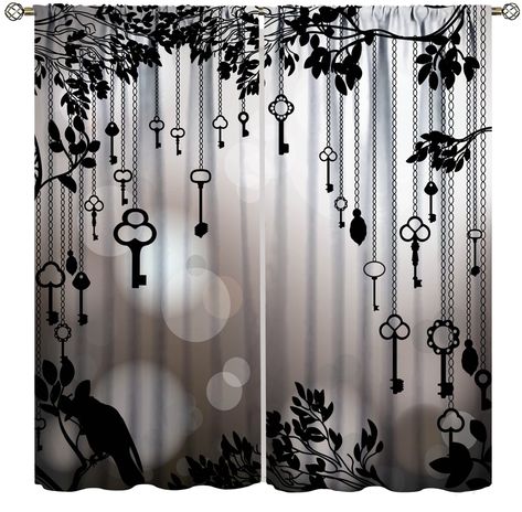 Modern Victorian Curtains, Cool Bedroom Items, Gothic Interior Design Bedroom, Country Goth Decor, Halloween Curtain Ideas, Dark Fairy Core Room, Curtains Living Room Black, Alternative House Decor, Witchy Curtains