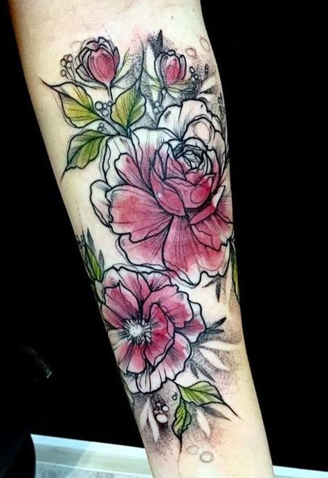 Black Watercolor Flower Tattoo, Black And Watercolor Tattoo, Black And White To Color Tattoo, Watercolor Tattoo With Black Outline, Watercolor Sketch Tattoo, Peonies Tattoo Meaning, Sketch Style Flower Tattoo, Black And White Tattoos With Some Color, Black And White With Color Tattoo