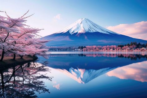 Mt Fuji Cherry Blossoms, Japan Aesthetic Landscape, Gunung Fuji, Mount Fuji Japan, Fuji Mountain, Monte Fuji, Mont Fuji, Twilight Sky, Beautiful Landscape Photography