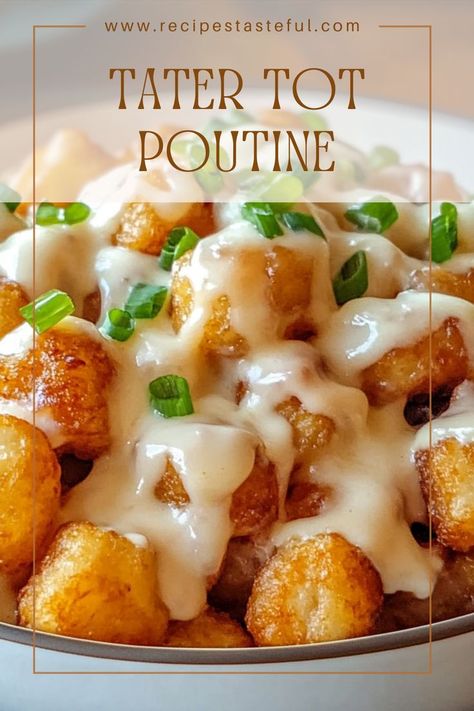 This Tater Tot Poutine puts a fun twist on the classic Canadian dish! Crispy tater tots are layered with creamy vegan cheese sauce and savory gravy, creating a delicious comfort food perfect for any occasion. Tater Tot Poutine, Vegan Poutine, Poutine Recipe, Canadian Dishes, Crispy Fries, Vegan Worcestershire Sauce, Vegan Cheese Sauce, Baked Fries, Cheese Curds