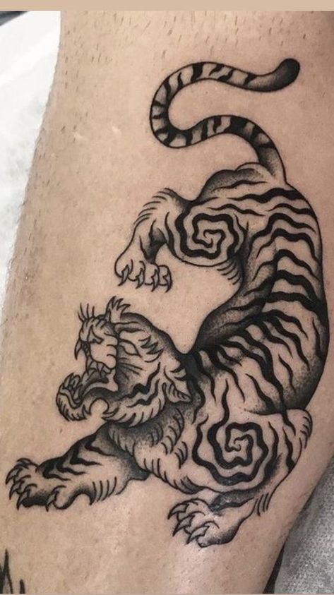 Shaded Tiger Tattoo, Traditional Style Tiger Tattoo, Crouching Tiger Tattoo, Crawling Tiger Tattoo, Black And White Tiger Tattoo, Japanese Patchwork Tattoo, Tiger Tattoo On Leg, American Traditional Tiger Tattoo, Tiger Traditional Tattoo