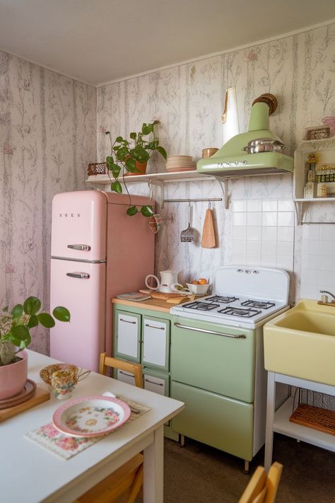 Must-Have Kitschy Kitchen Decor for Retro Lovers Multicolor Furniture, Colorful Retro Aesthetic, 40s Kitchen, 50s Home Decor, Kitschy Kitchen Decor, Polka Dot Curtains, Retro Apartment, Funky Kitchen, Furniture Make