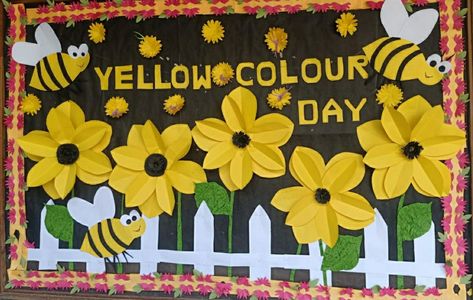 Inspiration Bulletin Board Ideas, Yellow Colour Day Decoration In School, Yellow Day Ideas For Preschool, Yellow Day Decoration In Preschool, Yellow Day Celebration In Preschool, Sunflower Board, Spelling Bee Decorations, Color Red Activities, Wine Bottle Holder Diy