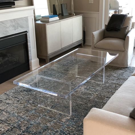 Clear Acrylic Coffee Table, Small Glam Living Room, Montauk Long Island, Glam Coffee Table, Seaside Home, Acrylic Coffee Table, Acrylic Furniture, Glam Living Room, House Furniture Design