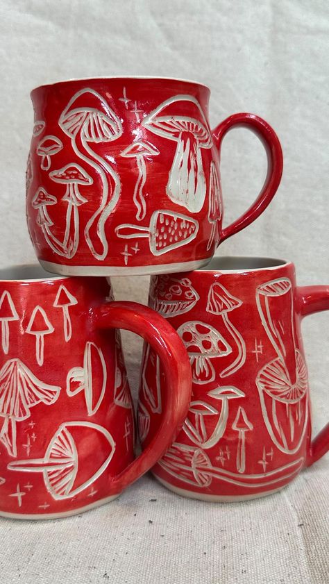 Anna | Ceramic Artist | Giving the people what they want: more red mushroom mugs and satisfying carving videos 🍄❤️‍🔥 ps… restock tomorrow at 10 am!… | Instagram Wine Glass Ceramic, Ceramics Mugs Ideas, Mushroom Mug Ceramics, Cool Ceramics Ideas, Mushroom Ceramics Ideas, Ceramics Mushroom, Pottery Mushrooms, Mushroom Pottery, Mushroom Stuff