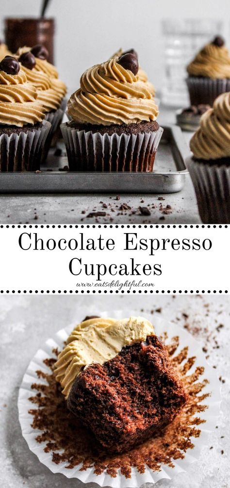 2 stacked images of frosted chocolate espresso cupcakes decorated with coffee beans: top image shows cupcakes on serving platter and bottom image shows cupcake with bite missing on table top Coffee Buttercream Frosting, Chocolate Coffee Cupcakes, Espresso Frosting, Cappuccino Cupcakes, Flavored Cupcakes, Espresso Cupcakes, Coffee Icing, Coffee Muffins, Coffee Desserts