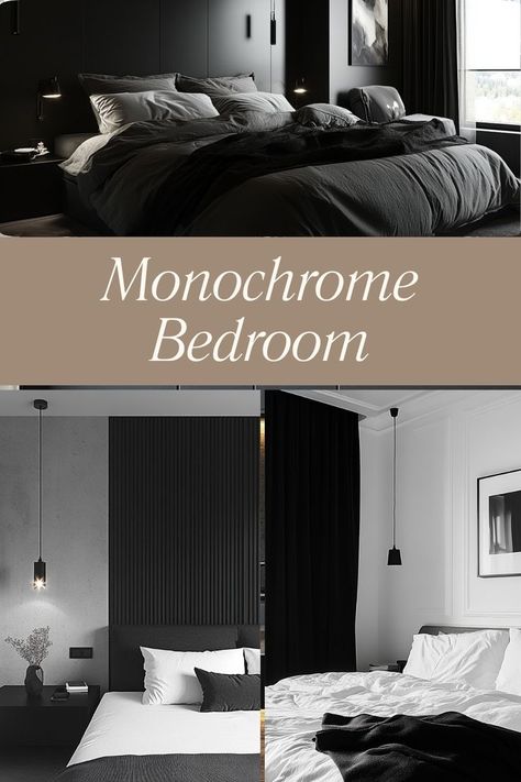 Embrace modern elegance with a monochrome bedroom, combining black and white tones for a chic, timeless look. #MonochromeBedroom #BlackAndWhiteDecor Monochrome Bedroom, Textures And Patterns, Black Bedroom, Black And White Decor, Bedroom Color Schemes, Bedroom Colors, Interior Design Bedroom, Color Scheme, Bedroom Interior