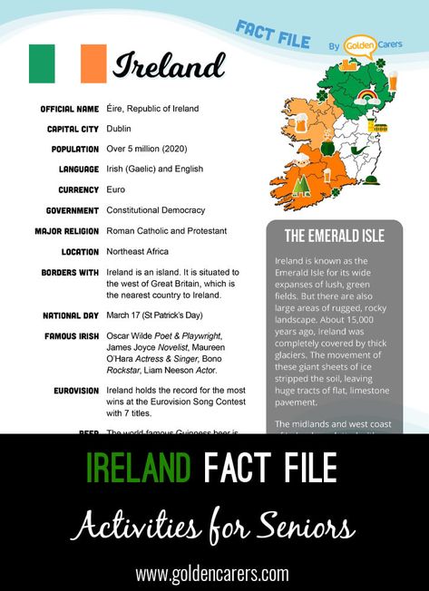 Ireland Fact File: An attractive one-page fact file all about Ireland. Print, distribute and discuss! Ireland Poster Board Project, World Thinking Day Ireland, Ireland Activities For Kids, Ireland Symbols, Irish Facts, Ireland Activities, Fun Facts About Ireland, Facts About Ireland, Multicultural Fair