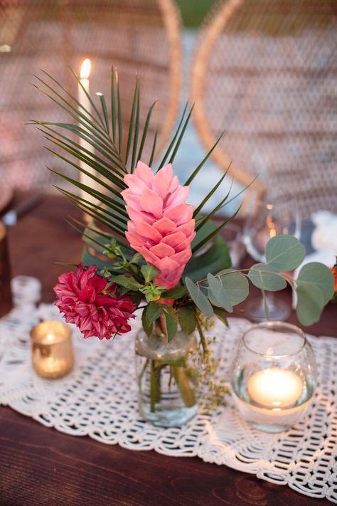 Tropical Pink Flower, Palm and Eucalyptus Centerpiece - Dining / Hosting - Wedding Decor - Flowers - Lighting Centerpiece Eucalyptus, Tropical Wedding Centerpieces, Eucalyptus Centerpiece, Tropical Centerpieces, Tropical Wedding Theme, Tropical Flower Arrangements, Fiesta Tropical, Centerpiece Wedding, Unique Wedding Flowers