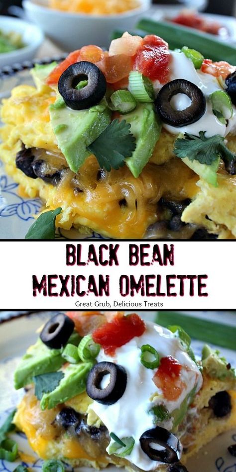 Black Bean Mexican Omelette is a delicious omelette loaded with black beans, cheese, avocados, onions, sour cream, salsa and more. #breakfast #omelette #blackbeans #brunch #greatgrubdelicioustreats Omlet Toppings, Mexican Omelette Recipe Breakfast, Black Bean Omelet, Dinner Omlet Recipes, Black Bean Breakfast Recipes, Omelette Toppings, Bean Breakfast Recipes, Omelete Recipes, Mexican Omelette Recipe