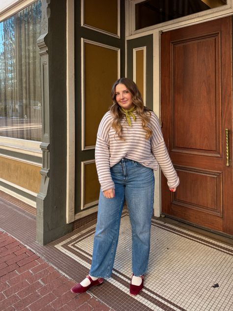 Madewell jeans | striped sweater | ballet flats | mary janes | colorful outfit | pop of color | madewell | sam edelman | all saints | thrifted | thriftedoutfit | sustainable outfit | Mary Jane Flats Outfit, Ballet Shoes Outfit, Mary Janes Outfit, Mary Jane Shoes Outfit, Ballet Flats Outfit, Colorful Outfit, Flats Outfit, Cotton Bandanas, Spring Outfits Women