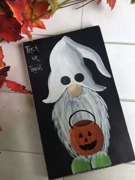 Cute Halloween Painting Ideas, Ghost Gnome, Halloween Painting Ideas, Halloween Canvas Paintings, Ipad Photo Booth, Gnome Paint, Gnome Halloween, Fall Canvas Painting, Halloween Wood Crafts