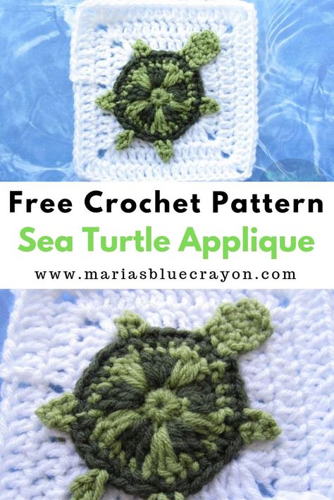 Crochet sea turtle applique can be added to a granny square to create a blanket or other pieces of crochet. Free pattern on Maria's Blue Crayon blog. #turtle #applique #crochet #seaturtle Turtle Applique, Crocheted Turtle, Crochet Sea Turtle, Knitting Amigurumi, Blue Crayon, Granny Square Crochet Patterns Free, Handmade Yarn, Crochet Turtle, Crochet Square Patterns