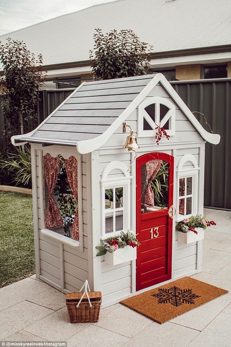 Kyree bought fairy lights, a door bell, handle, floor mat, curtains and more to make her cubby look fabulous (pictured) Kmart Cubby House, Kmart Cubby, Cubby House Ideas, Cubby Ideas, Kids Cubby Houses, Kids Cubbies, Wooden Cubby, Backyard Playhouse, Build A Playhouse