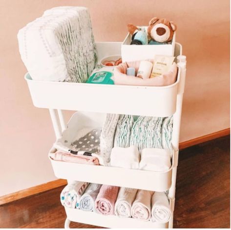 Ikea Changing Table Hack, Ikea Changing Table, Ikea Baby Nursery, Ikea Nursery Hack, Nursery Hacks, Changing Table Organization, Ikea Baby, Ikea Storage Hacks, Ikea Raskog