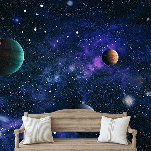 Sunday School Decorations, Space Themed Bedroom, 3d Wall Murals, Galaxy Theme, Planet Blue, Background 3d, Accent Wallpaper, Geometric Wall, Hallway Decorating