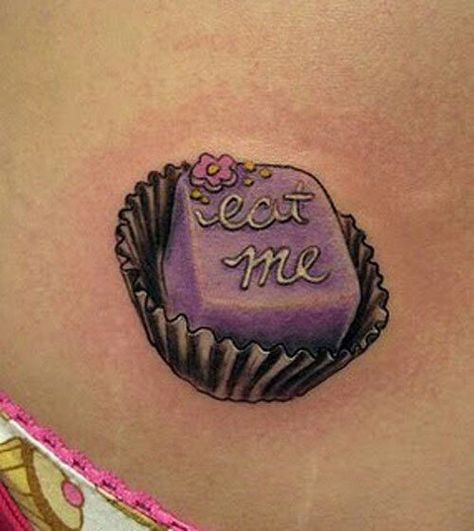 Eat me cakes Alice tattoo Alice In Wonderland Tattoos, Candy Tattoo, Alice In Wonderland Tattoo, Cupcake Tattoos, Alice And Wonderland Tattoos, Food Tattoos, Me Tattoo, Wonderland Tattoo, Sweet Tattoos