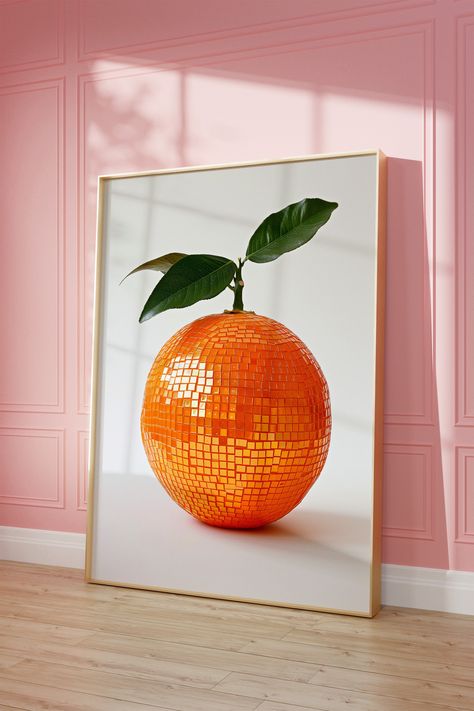 Add a splash of citrus and disco to your space with our "Citrus Disco Ball" poster. This artwork is a playful fusion of fruity charm and sparkling disco vibes, perfect for kitchens, dining areas, or any spot needing a zestful touch.  This poster will surely become the centrepiece of your room's decor, offering a unique and vibrant statement.  Our heavier-weight, white, premium matte paper has a natural, smooth uncoated finish that feels luxurious to the touch.   Features:   The 200 gsm/ 80 lb pa Disco Ball Fruit Art, Disco Ball Fruit, Disco Ball Art, Disco Ball Poster, Disco Vibes, Retro Food, Vintage Preppy, Barbie Dream House, Dining Areas