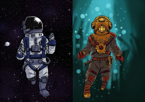 Astronaut and Scuba Diver by Igor-STROCHIT Deep Sea Diver And Astronaut, Astronaut And Deep Sea Diver, Astronaut And Scuba Diver Drawing, Scuba Diver Character Design, Old Scuba Diver Drawing, Astronaut And Scuba Diver Tattoo, Astronaut Scuba Diver, Scuba Diver Illustration, Astronaut And Diver