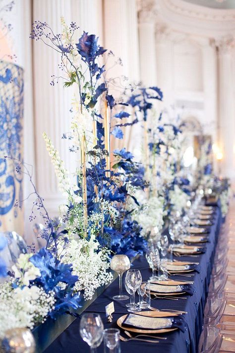 Pantone Color of the Year For Classic Blue Wedding ❤ classic blue wedding table with white flowers and candles artsizepl #weddingforward #wedding #bride  #classicbluewedding Navy Wedding Reception, High Centerpieces, Classic Blue Wedding, Blue Wedding Receptions, Dark Blue Wedding, Navy Decor, Blue White Weddings, Blue Bride, Boda Mexicana