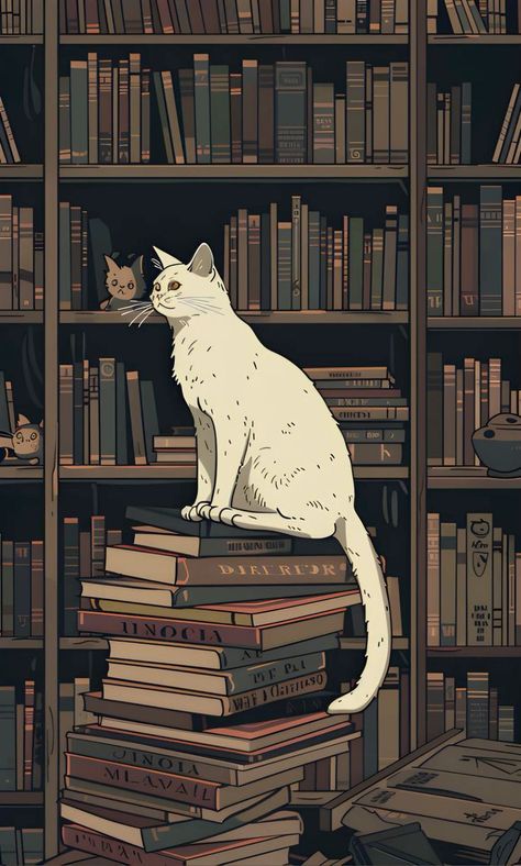 Fall Cat Wallpaper, Bookshelves Wallpaper, Iphone Wallpaper Christmas, Reading Wallpaper, Unusual Animal Friendships, Cat Wallpapers, Iphone Wallpaper Cat, Halloween Wallpaper Cute, Wallpaper Illustration