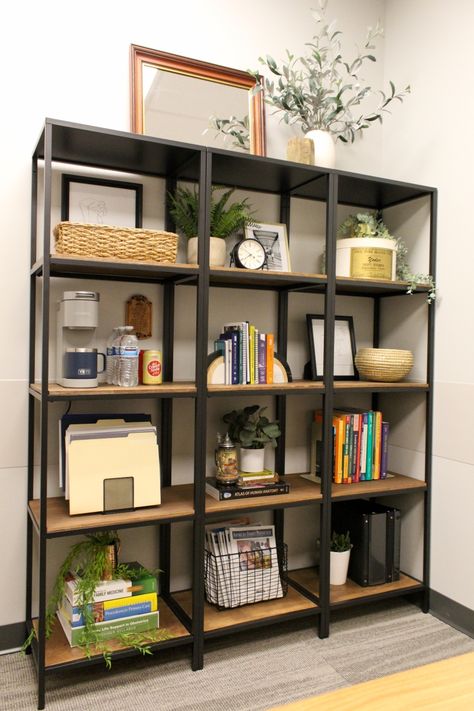 Ikea Metal Bookcase, Ikea Black Metal Shelf, Black Office Shelves, Black Ikea Shelves, Vittsjo Shelves Living Room, Fjallbo Ikea Hack, Ikea Vittsjo Shelves Styling, Ikea Vittsjo Shelves, Ikea Vittsjo Hack