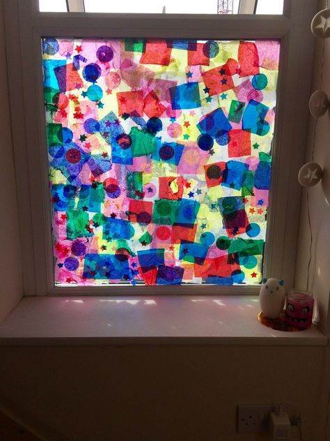 Tissue Paper Stained Glass Net Curtains, Paper Punch, Christmas Window, Stained Glass Windows, Art Plastique, Curtains With Blinds, Glass Window, Tissue Paper, Sea Glass