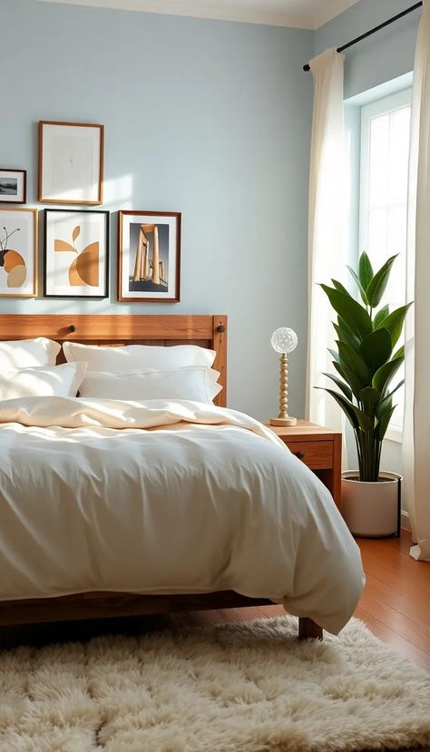 Step into this serene, sunlit bedroom, where vintage charm meets modern comfort. An oversized pastel bedding set drapes the rustic wooden bedframe, while a vibrant potted plant breathes life against soft blue walls. A minimalist nightstand showcases a delicate crystal lamp, casting a warm glow, and a gallery wall of eclectic art adds personality. With a plush white rug underfoot and linen curtains dancing in the breeze, this space radiates tranquility and coziness. #BedroomInspo #HomeDecor #CozyVibes Sunlit Bedroom, Haven Bedroom, Bedroom Colour Ideas, Soft Blue Walls, Minimalist Nightstand, Pastel Bedding, Bedroom Colour, Colour Ideas, Eclectic Art