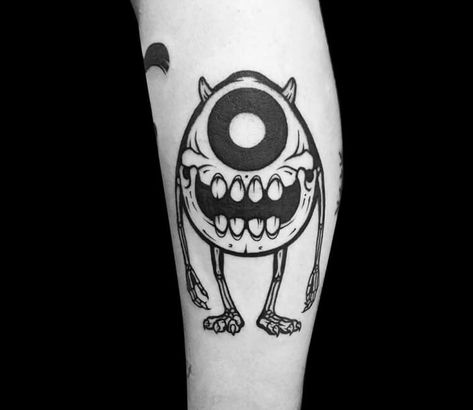 Creepy Disney Tattoos, Horror Disney Tattoo, Mike Wazowski Tattoo, Artist Pov, Monsters Inc Tattoo, Black Work Tattoo Design, Movie Character Tattoos, Futurama Tattoo, Funny Small Tattoos