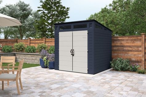 7 ft. x 7 ft. Defender™ Storage Shed - Suncast® Corporation Small Outdoor Storage Cabinet, Pool Storage Shed, Terraced Patio Ideas, Pool Equipment Cover, Sheds Ideas Backyard, Backyard Resort, Resin Sheds, Resin Floor, Backyard Upgrades