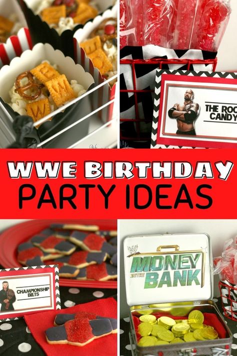 If you're having a WWE birthday party for kids, you're going to need tons of easy DIY ideas! From decorations to activities, you'll find everything you need for an awesome wrestling event. You can get ideas for food puns, invitations, backdrops, and favors. Whether you're looking for ideas with Summer Slam, John Cena, Money in the Bank, or Wrestlemania, you'll find inspiration here with banners, centerpieces, goody bags, snacks, and games. Wwf Birthday Party Ideas, Wwe Snack Ideas, John Cena Birthday Party, Wrestlemania Party Food, Wrestlemania Birthday Party, Wwe Birthday Party Games, Wwe Party Favors, Wrestling Themed Party, Wwe Party Food