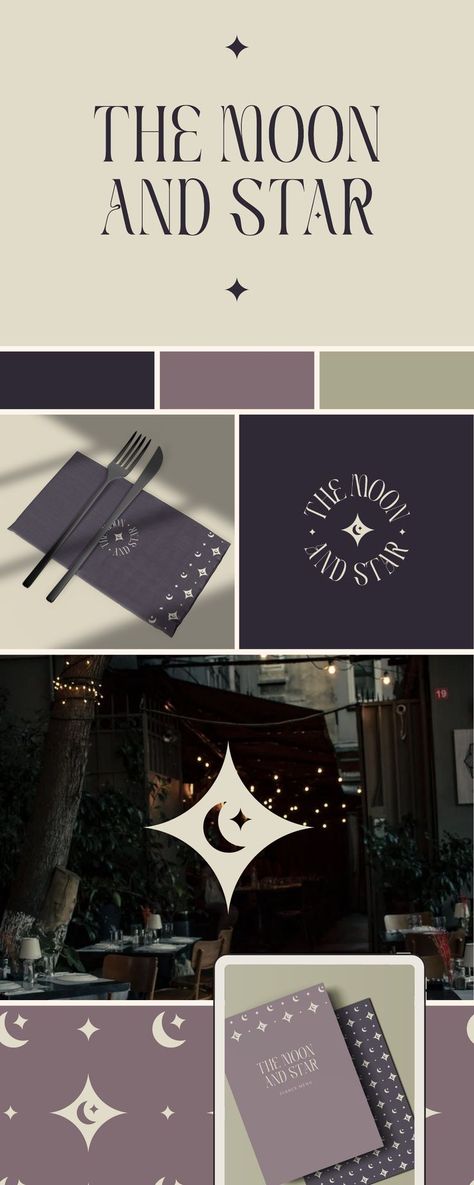 Luxury Brand Identity Design for Vegan Restaurant Moon Website, Dark Branding Design, Stars Graphic Design, Nova Logo, Cozy Graphic Design, Star Branding, Moon Branding, Space Branding, Sparkle Logo