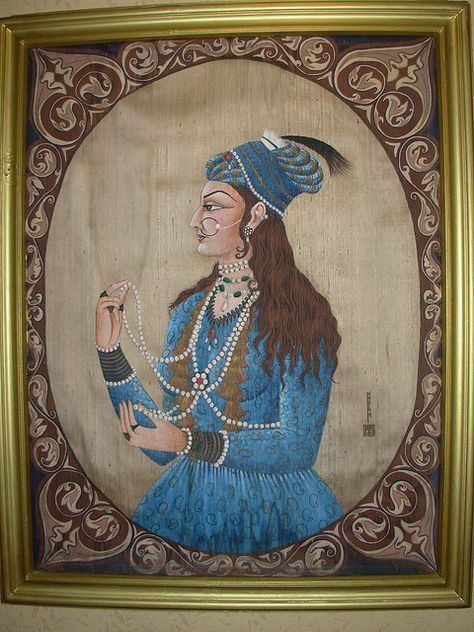 Nur Jahan was one of the most smart & influential women of her day. She was powerful Mughal Emperor Jahangir’s wife. The only Mughal empress to have imperial receipts & silver coins minted in her name. She designed the Moghul gardens of Kashmir and Agra, & the tomb of her father also in Agra, It was the first eg of the using white marble embellished with the precise inlay of precious stones into the surface of marble facing-a technique (pietra dura) exploited in the construction of Taj Mahal. Mughal Queen, Mughal Princess, Nur Jahan, Sultan Pictures, Noor Jehan, Noor Jahan, Oval Canvas, Back To University, Mughal Emperor