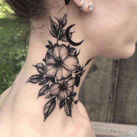 Black Dogwood Flower Tattoo bryn.beer_official Partial Neck Tattoo Women, Neck Flower Tattoos Women, Side Neck Tattoos Women Ideas Flower, Female Side Neck Tattoo Ideas, Womans Neck Tattoos, Women’s Neck Tattoo Ideas, Nature Neck Tattoo, Flower Tattoos Dark, Black Flower Tattoo Design