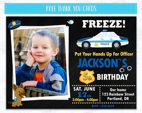 Police birthday invitation + free thank you cards, Police officer invitation with photo, Boy cop and robber party invite. Same theme items for your party: https://www.etsy.com/shop/paperpartydigital?&search_query=police This item is personalized digital file(s). You can share it with your friends electronically by texting it or via messengers like Whatsapp, iMessage, Facebook, Viber, etc. or email it. Or you can print it in nearby photolab or at one of the online printing services. Police Theme Invitation, Police Officer Party, Officer Party, Police Birthday Invitations, Police Officer Birthday, Police Invitation, Boy Party Invitations, Police Party, Police Birthday