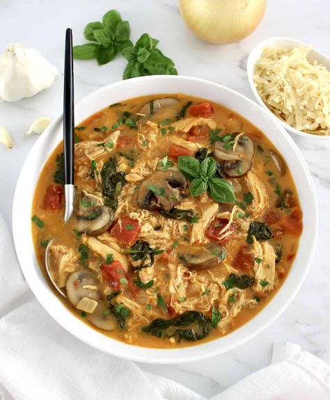 Tuscan Chicken Soup Tuscan Turkey Soup, Slow Cooker Tuscan Chicken, Tuscan Chicken Soup, Coconut Curry Chicken Soup, Tuscan Chicken Skillet, Thai Coconut Curry Chicken, Keto Soup Recipes, Spinach And Mushrooms, Cream Of Asparagus Soup