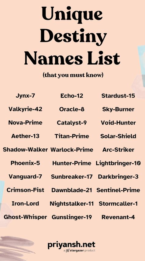 Looking for a cool and unique Destiny name? This list has 25+ awesome options, including Shadowwalker, Stardust, Celestial, Vanguard, Aether, and more! Find the perfect name for your Guardian. Destiny Name, Neutral Names, Cayde 6, The Gambit, Powerful Names, Fantasy Names, The Stoics, Female Names, Latin Words