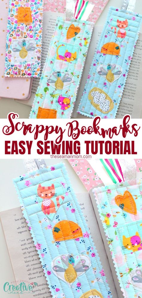 EASY BOOKMARKS WITH FABRIC SCRAPS SEWING TUTORIAL Fun Simple Sewing Projects, Handmade Fabric Bookmarks, Easy Sewing Projects For Gifts Scrap Fabric, Easy Sewing Projects For Christmas Gifts, Bookmark Patterns Printable, Personalized Bookmarks Diy, How To Sew Bookmarks, Cute Simple Sewing Projects, How To Sew A Bookmark